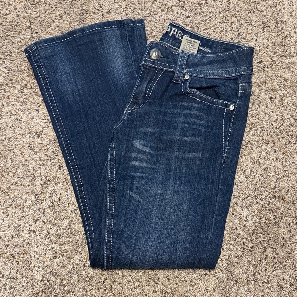 Women’s Zipper Bootcut Jeans Size 9 Rhinestone Embroidered Pockets Stretch Denim
